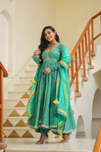 Turquoise Blue Green Cotton Anarkali Suit Set