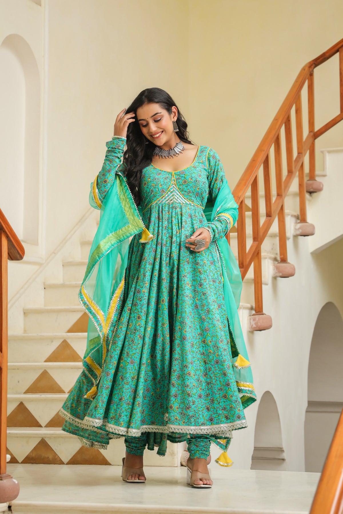 Turquoise Blue Green Cotton Anarkali Suit Set