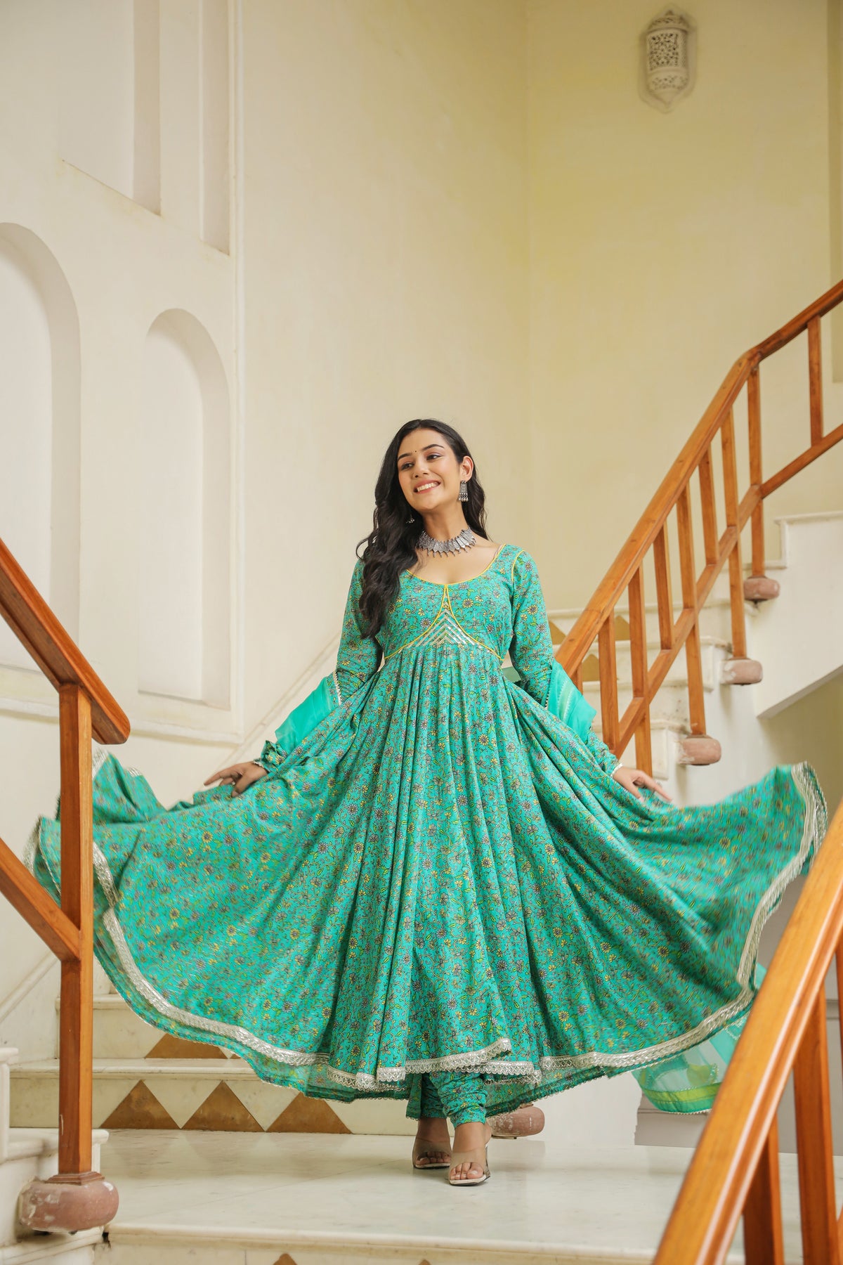 Turquoise Blue Green Cotton Anarkali Suit Set