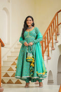 Turquoise Blue Green Cotton Anarkali Suit Set