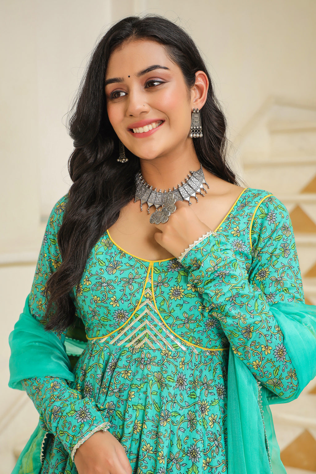 Turquoise Blue Green Cotton Anarkali Suit Set