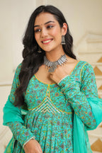 Turquoise Blue Green Cotton Anarkali Suit Set