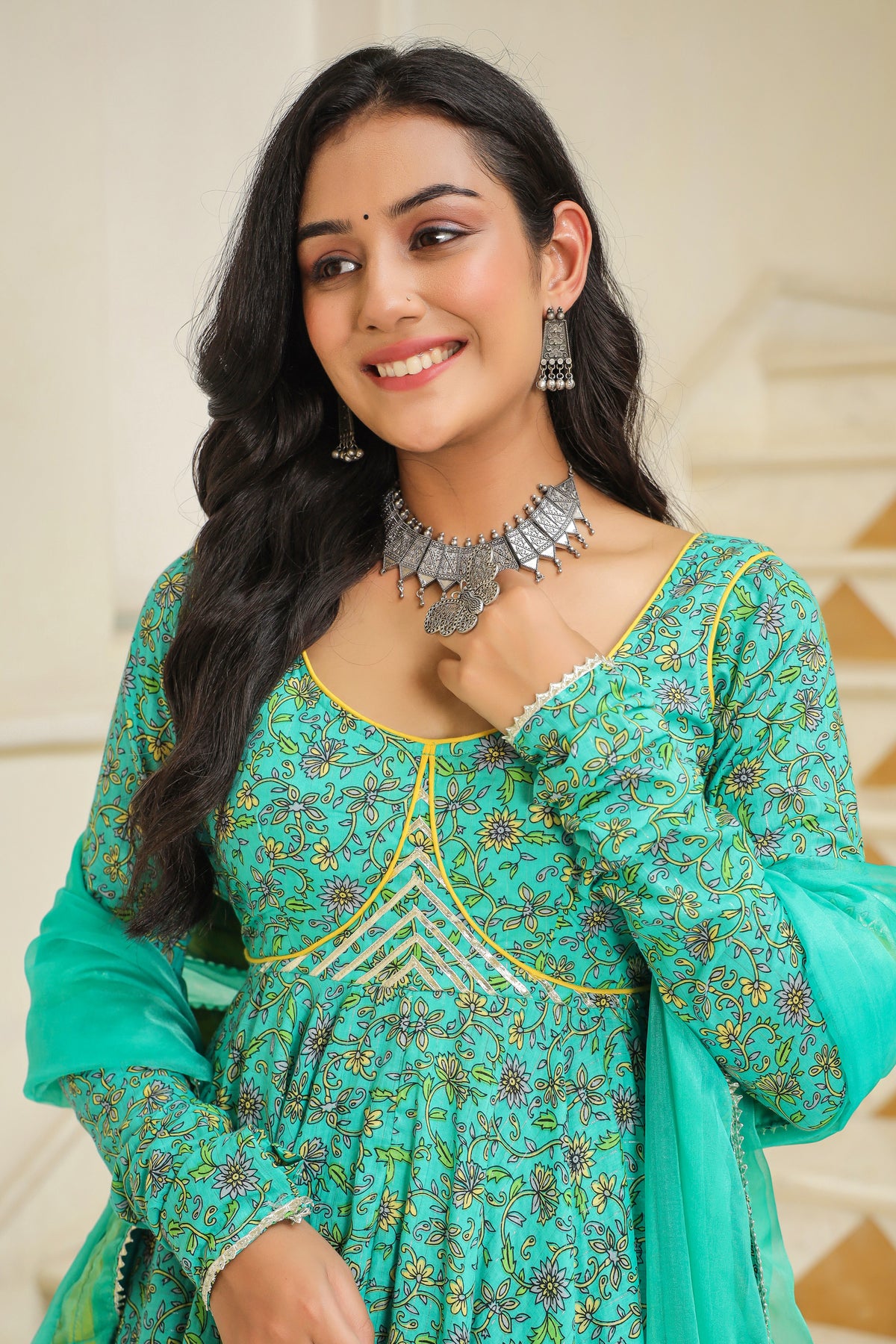 Turquoise Blue Green Cotton Anarkali Suit Set
