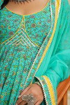 Turquoise Blue Green Cotton Anarkali Suit Set