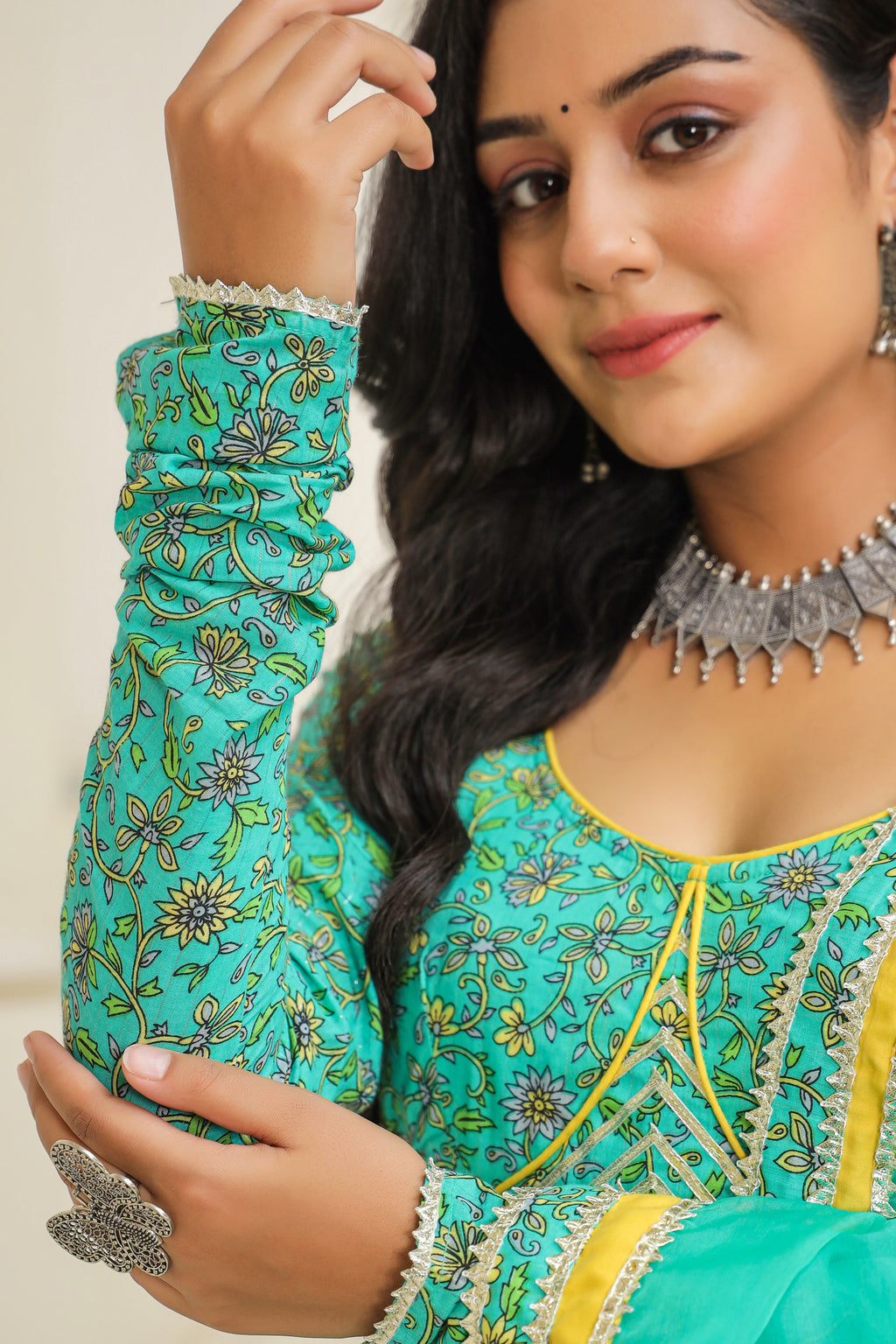 Turquoise Blue Green Cotton Anarkali Suit Set
