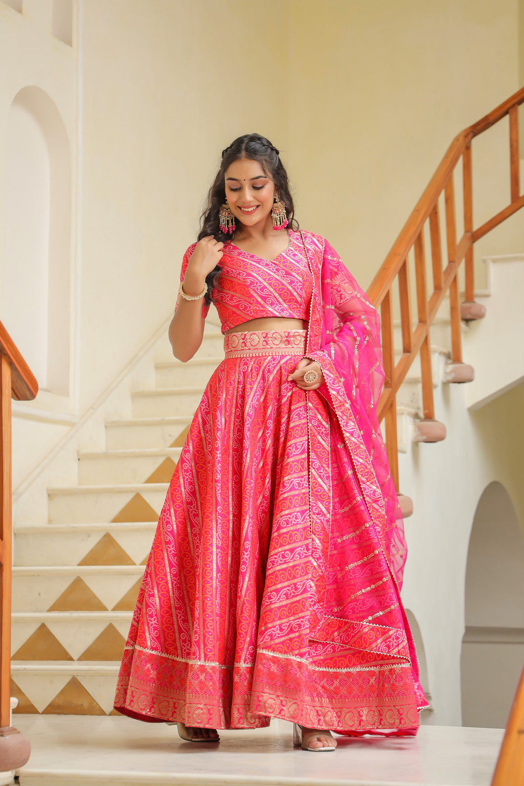 Pink Brocade Silk Bandhani Print Lehenga Set