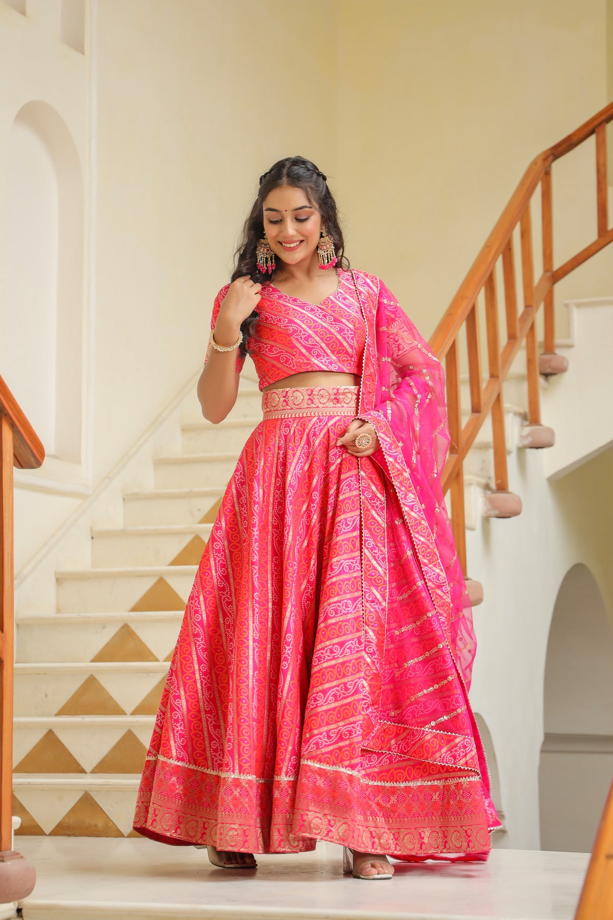 Pink Brocade Silk Bandhani Print Lehenga Set