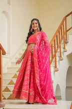 Pink Brocade Silk Bandhani Print Lehenga Set