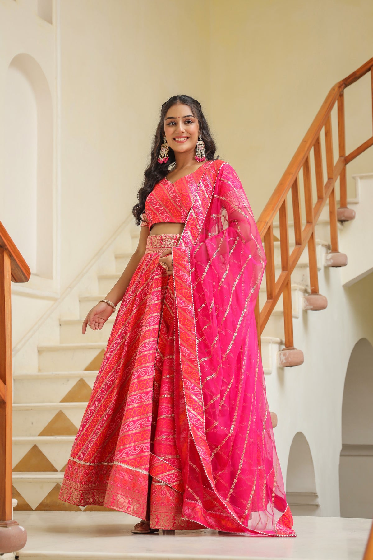 Pink Brocade Silk Bandhani Print Lehenga Set