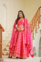 Pink Brocade Silk Bandhani Print Lehenga Set