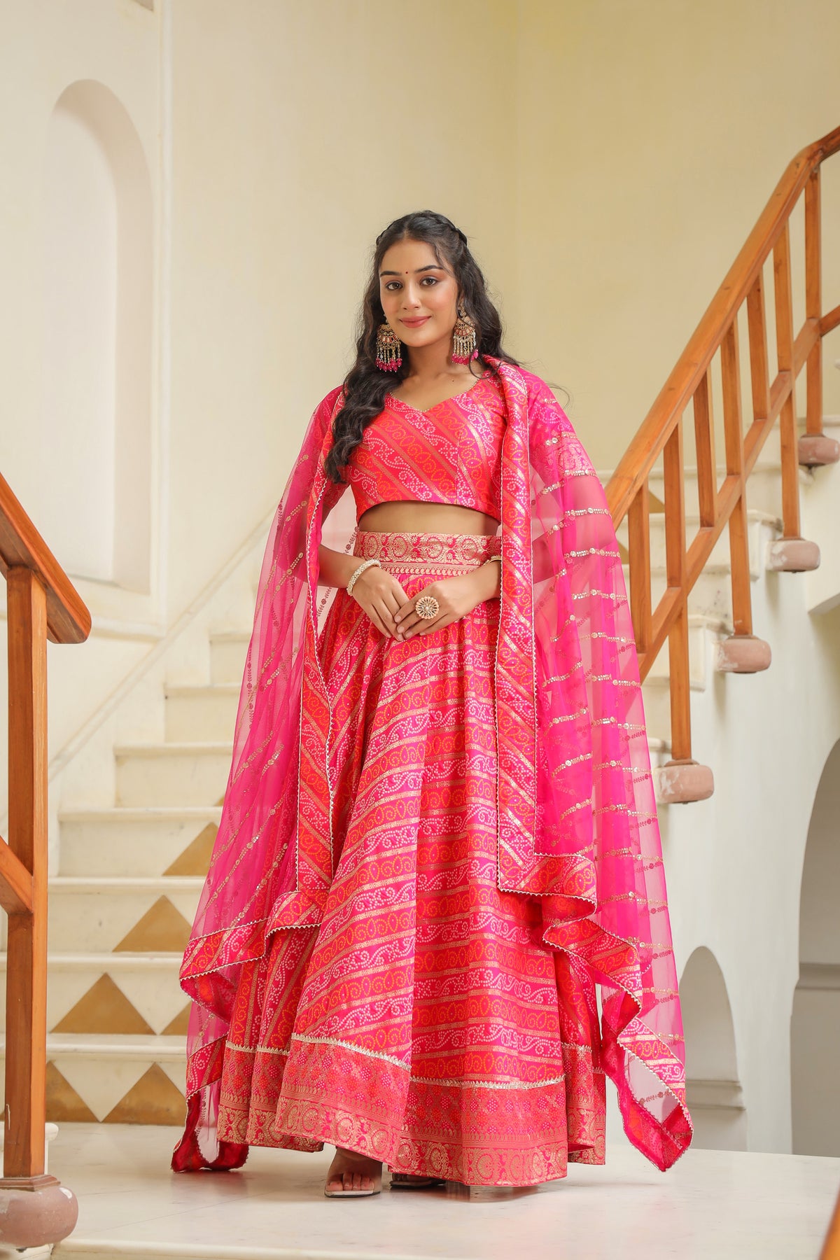 Pink Brocade Silk Bandhani Print Lehenga Set