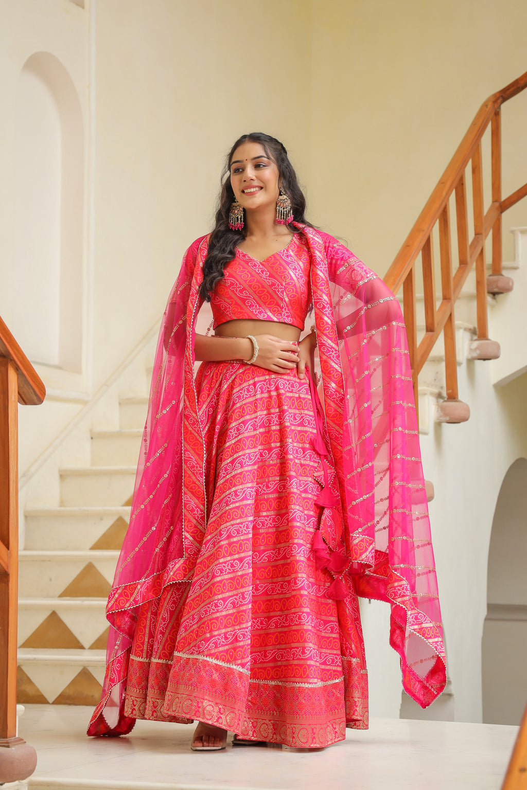 Pink Brocade Silk Bandhani Print Lehenga Set