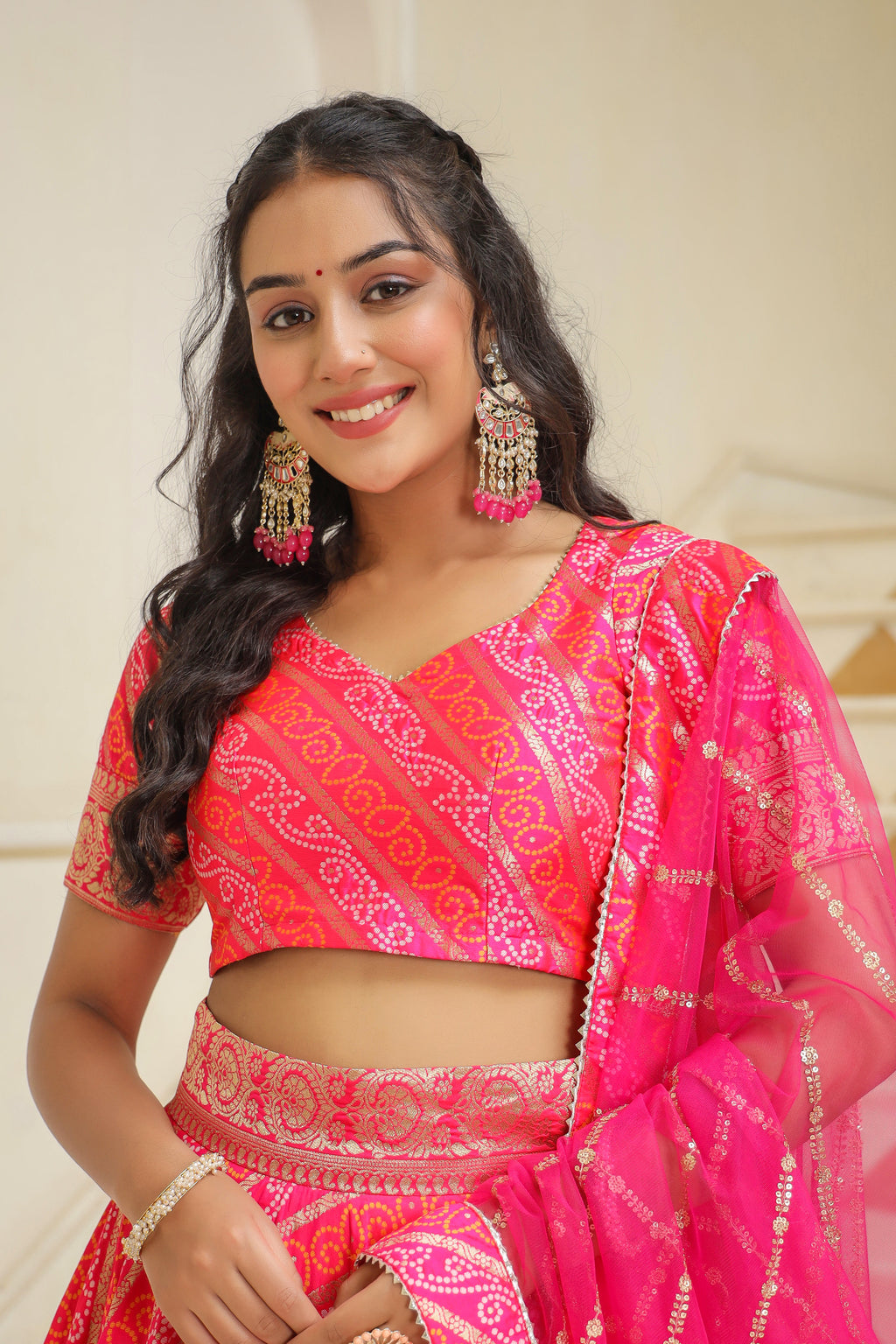 Pink Brocade Silk Bandhani Print Lehenga Set