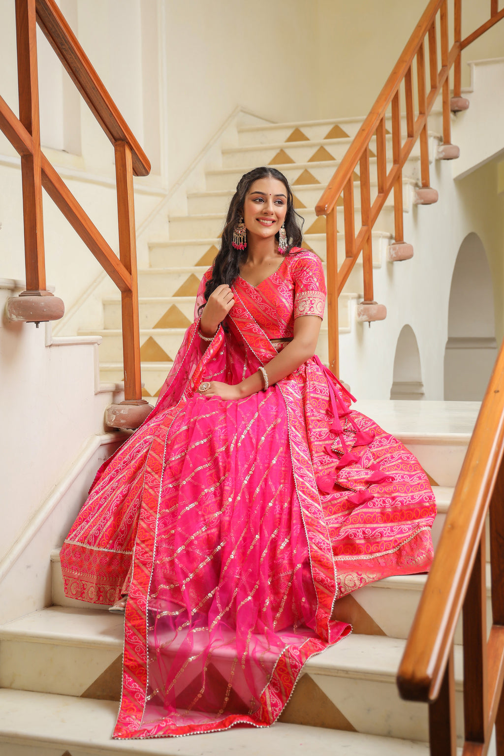 Pink Brocade Silk Bandhani Print Lehenga Set