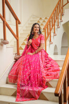 Pink Brocade Silk Bandhani Print Lehenga Set