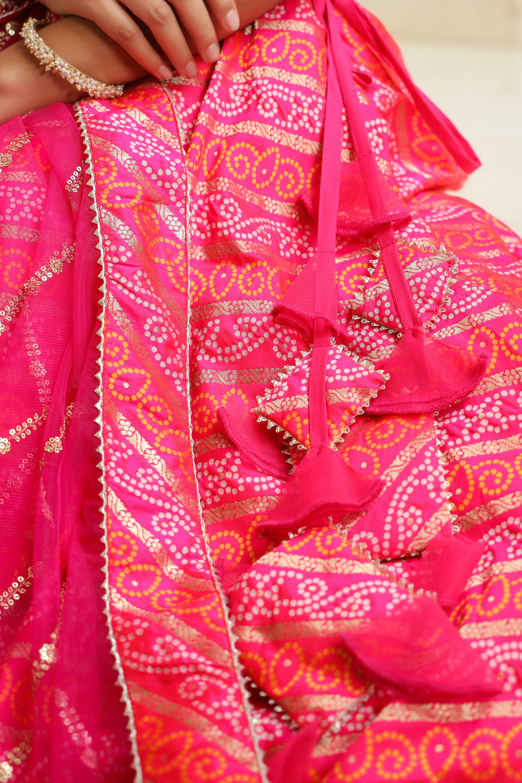 Pink Brocade Silk Bandhani Print Lehenga Set