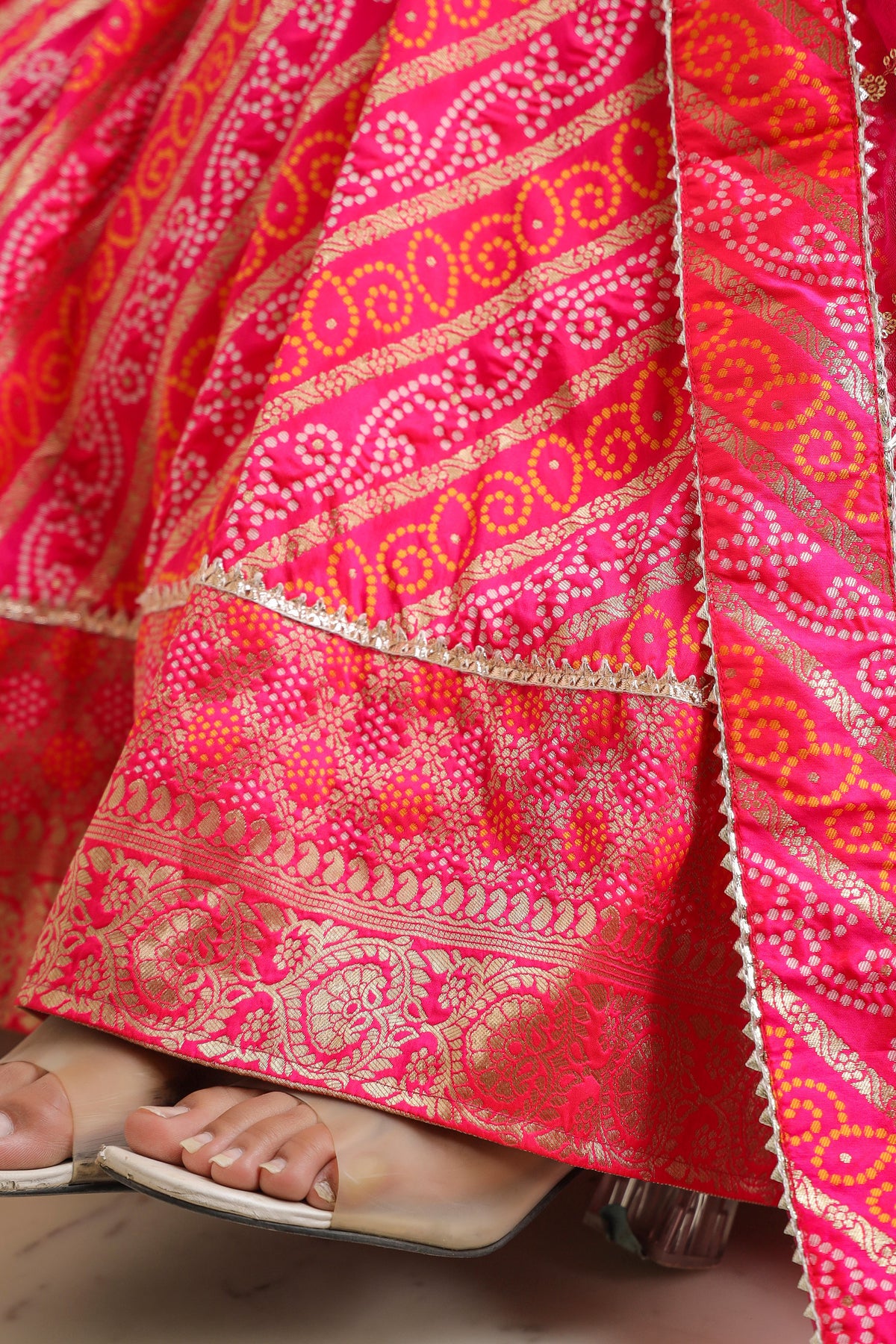 Pink Brocade Silk Bandhani Print Lehenga Set