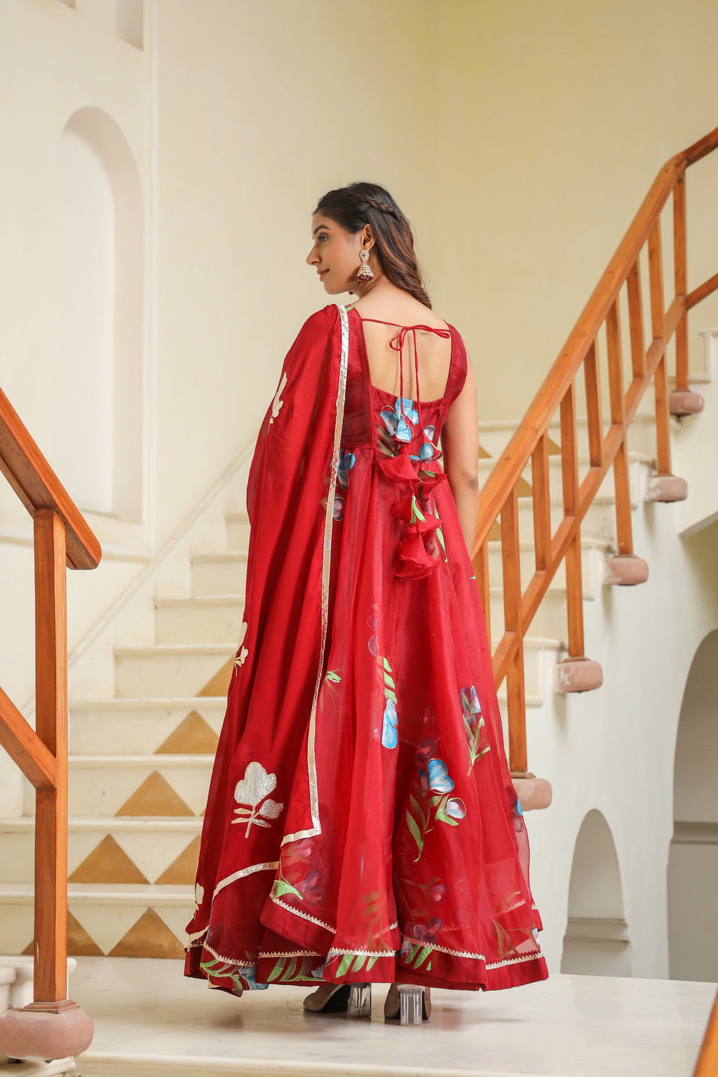 Valencia Red Hand Print Organza Anarkali Suit Set