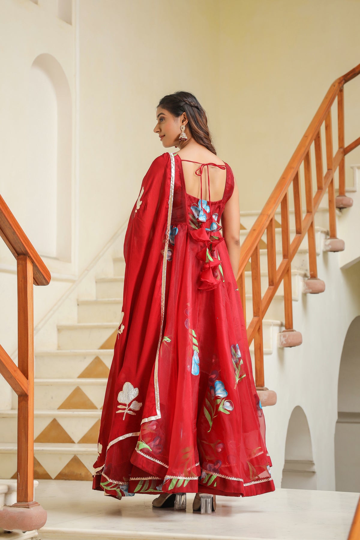 Valencia Red Hand Print Organza Anarkali Suit Set