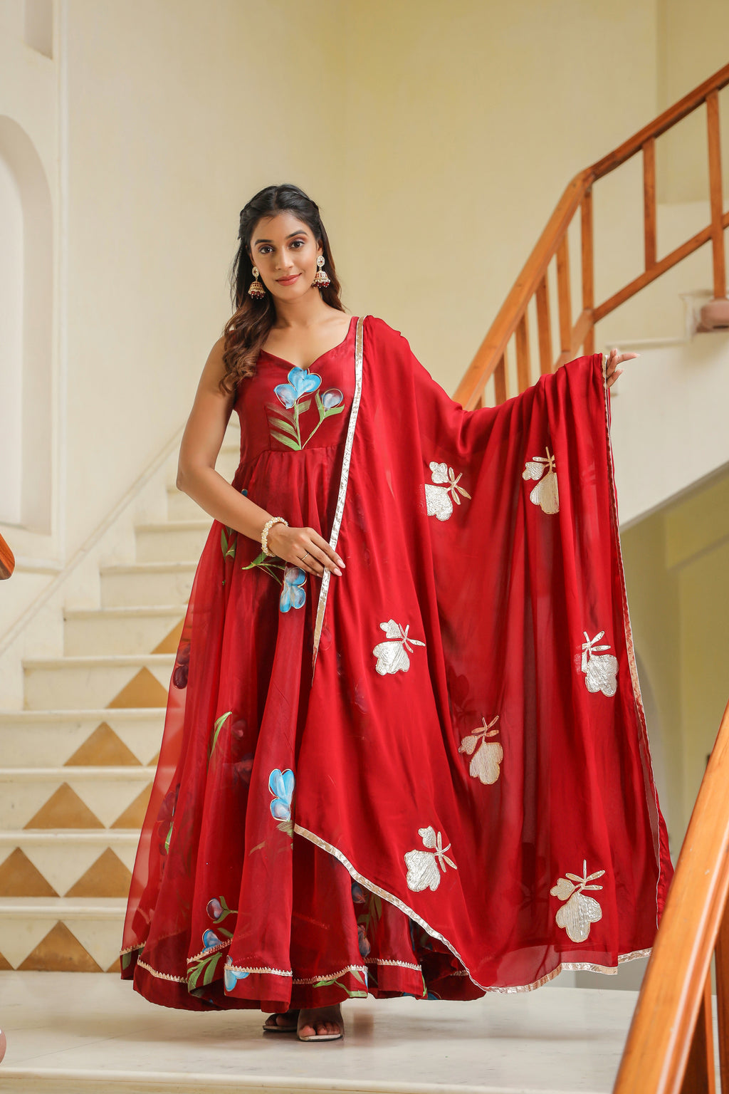 Valencia Red Hand Print Organza Anarkali Suit Set