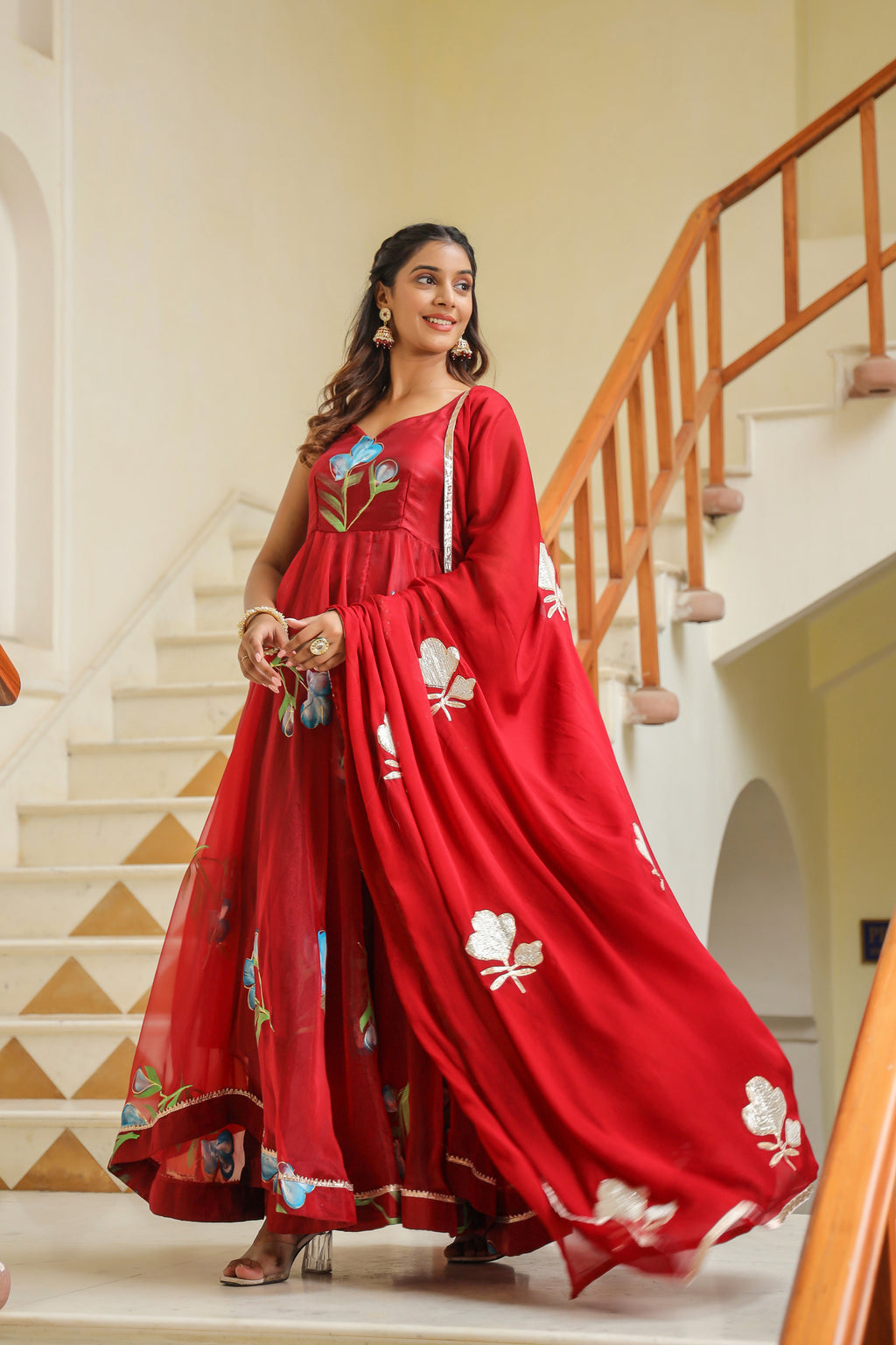 Valencia Red Hand Print Organza Anarkali Suit Set