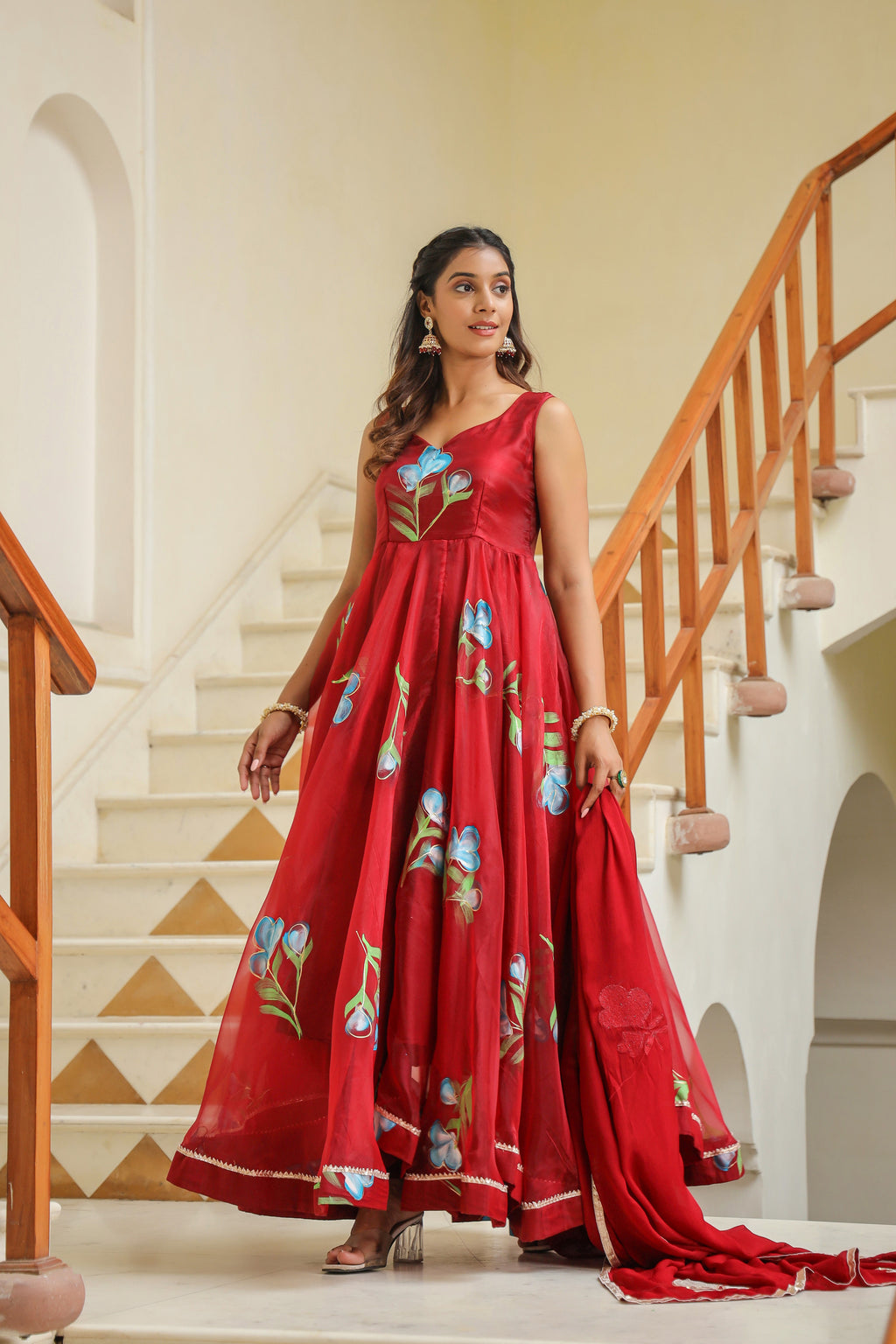 Valencia Red Hand Print Organza Anarkali Suit Set