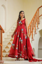 Valencia Red Hand Print Organza Anarkali Suit Set