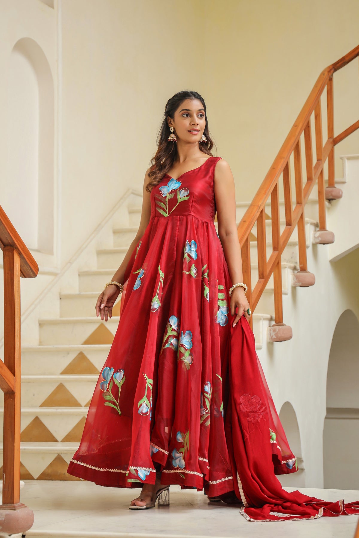 Valencia Red Hand Print Organza Anarkali Suit Set