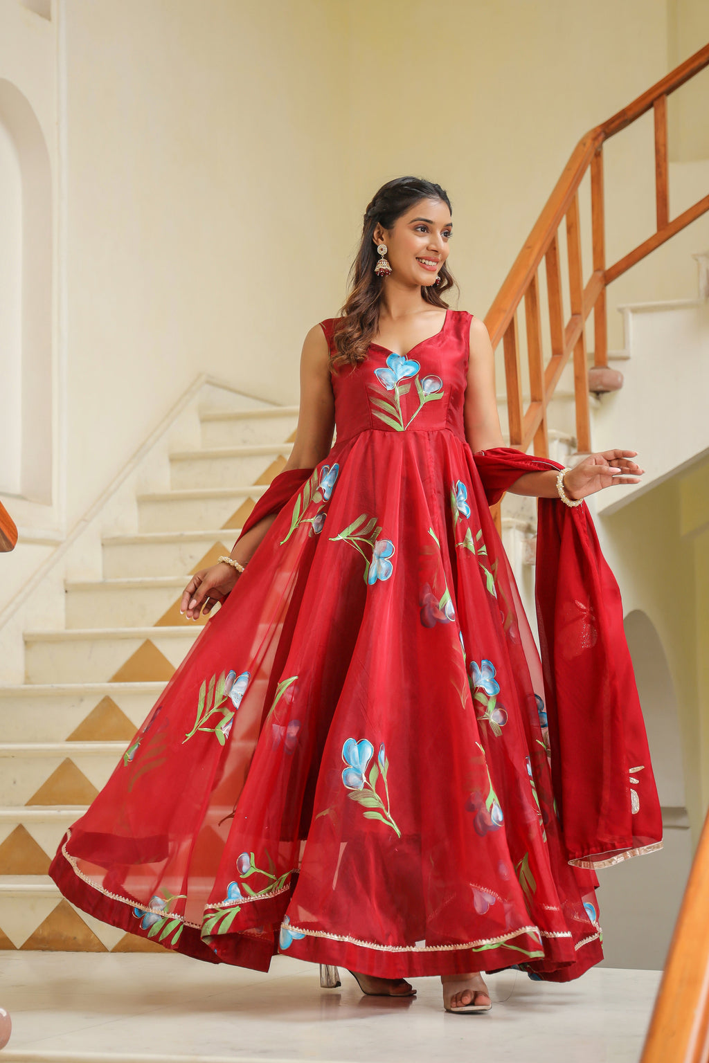 Valencia Red Hand Print Organza Anarkali Suit Set