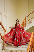 Valencia Red Hand Print Organza Anarkali Suit Set