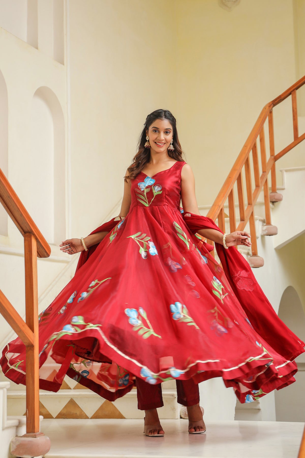 Valencia Red Hand Print Organza Anarkali Suit Set
