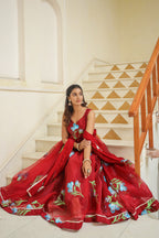 Valencia Red Hand Print Organza Anarkali Suit Set