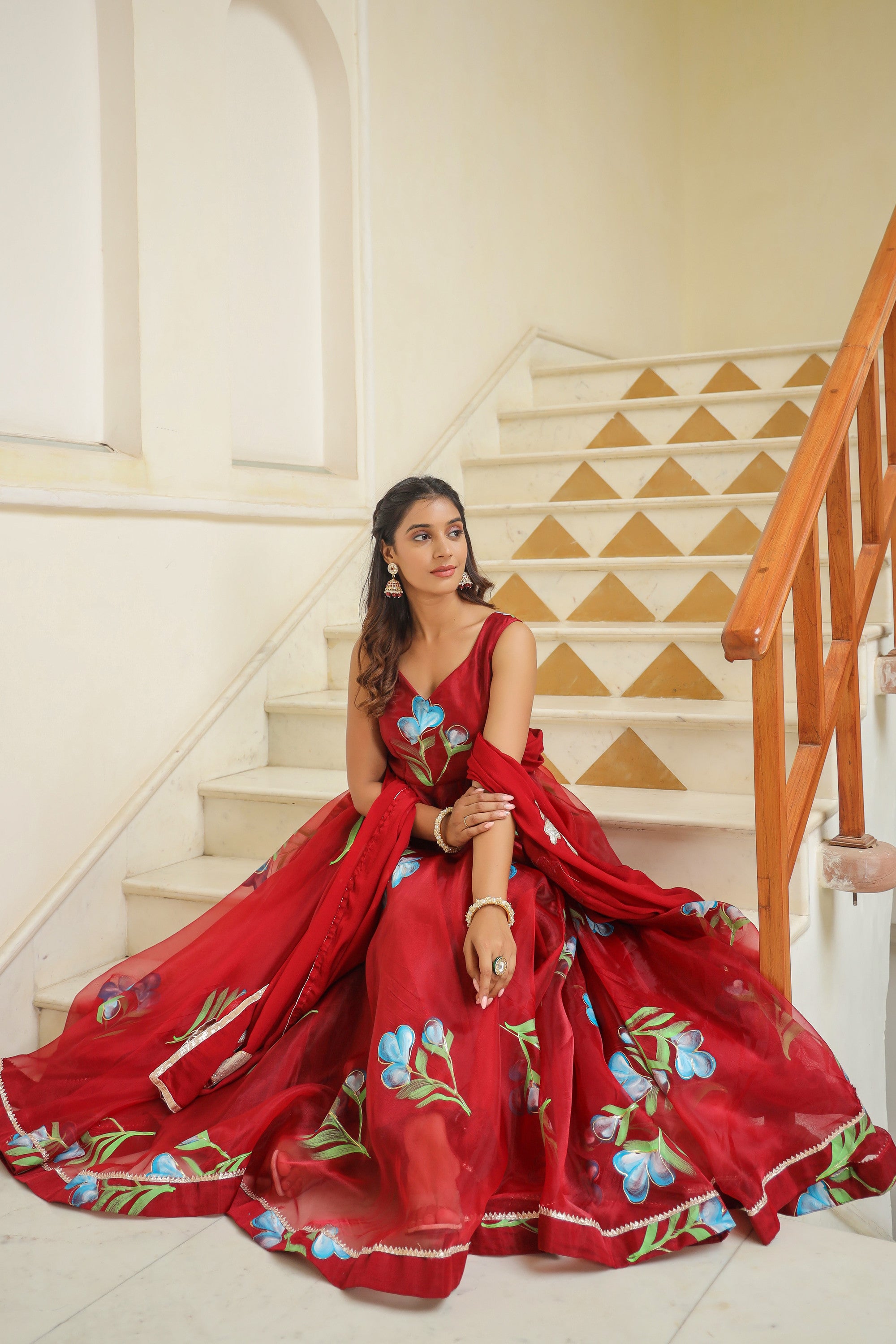 Valencia Red Hand Print Organza Anarkali Suit Set