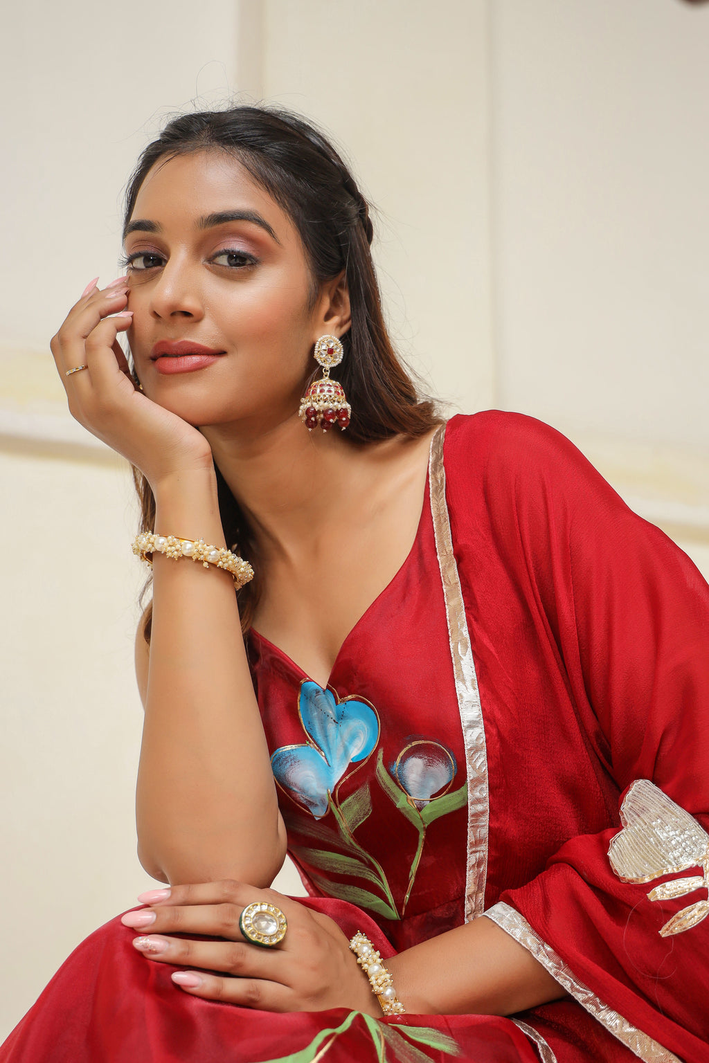 Valencia Red Hand Print Organza Anarkali Suit Set