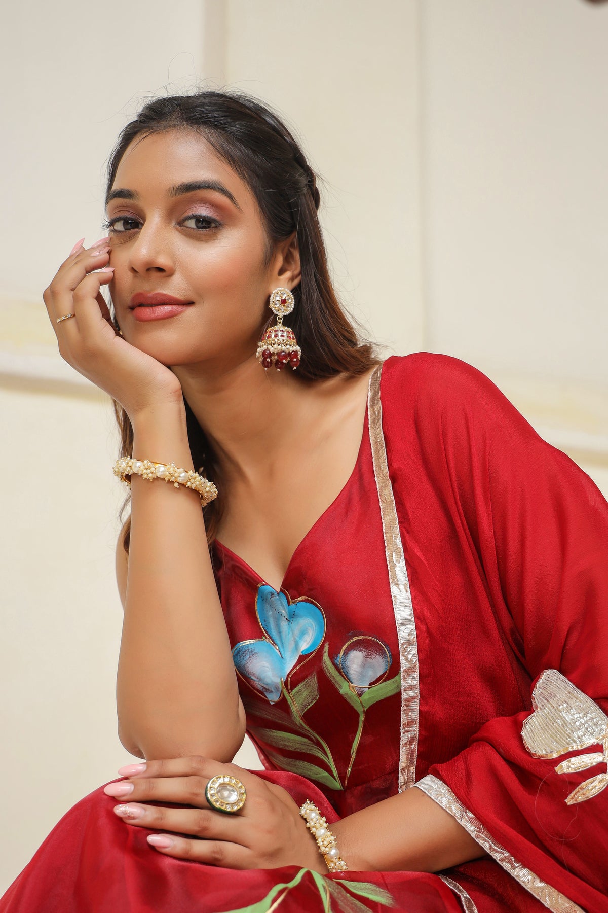Valencia Red Hand Print Organza Anarkali Suit Set