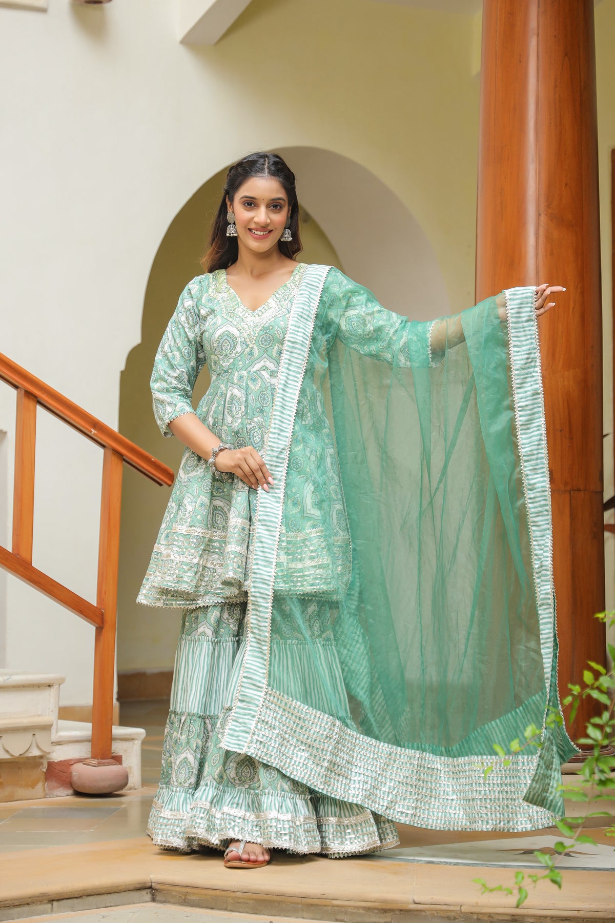 Viridian Green Cotton Mughal Print Anarkali Sharara Set