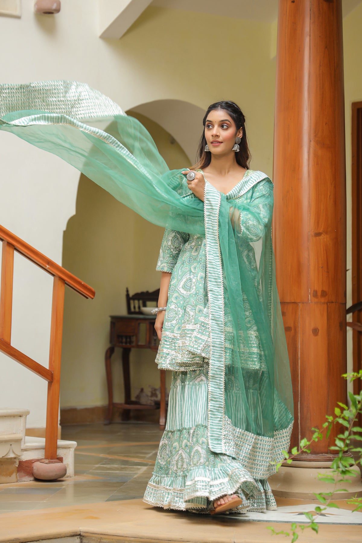 Viridian Green Cotton Mughal Print Anarkali Sharara Set