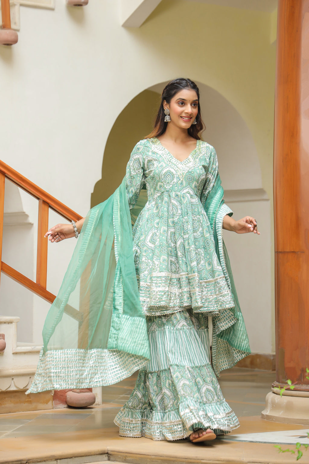 Viridian Green Cotton Mughal Print Anarkali Sharara Set