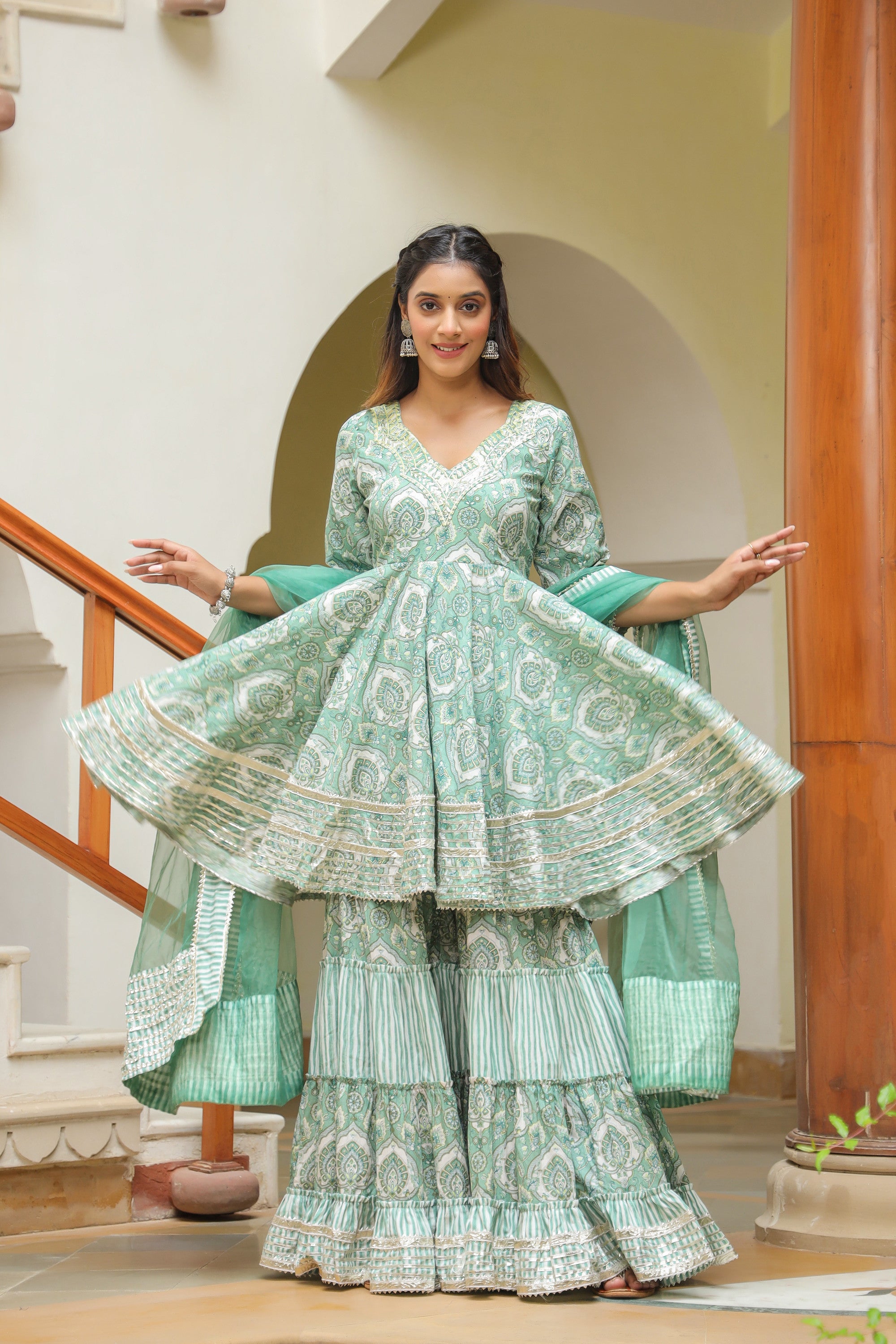 Viridian Green Cotton Mughal Print Anarkali Sharara Set