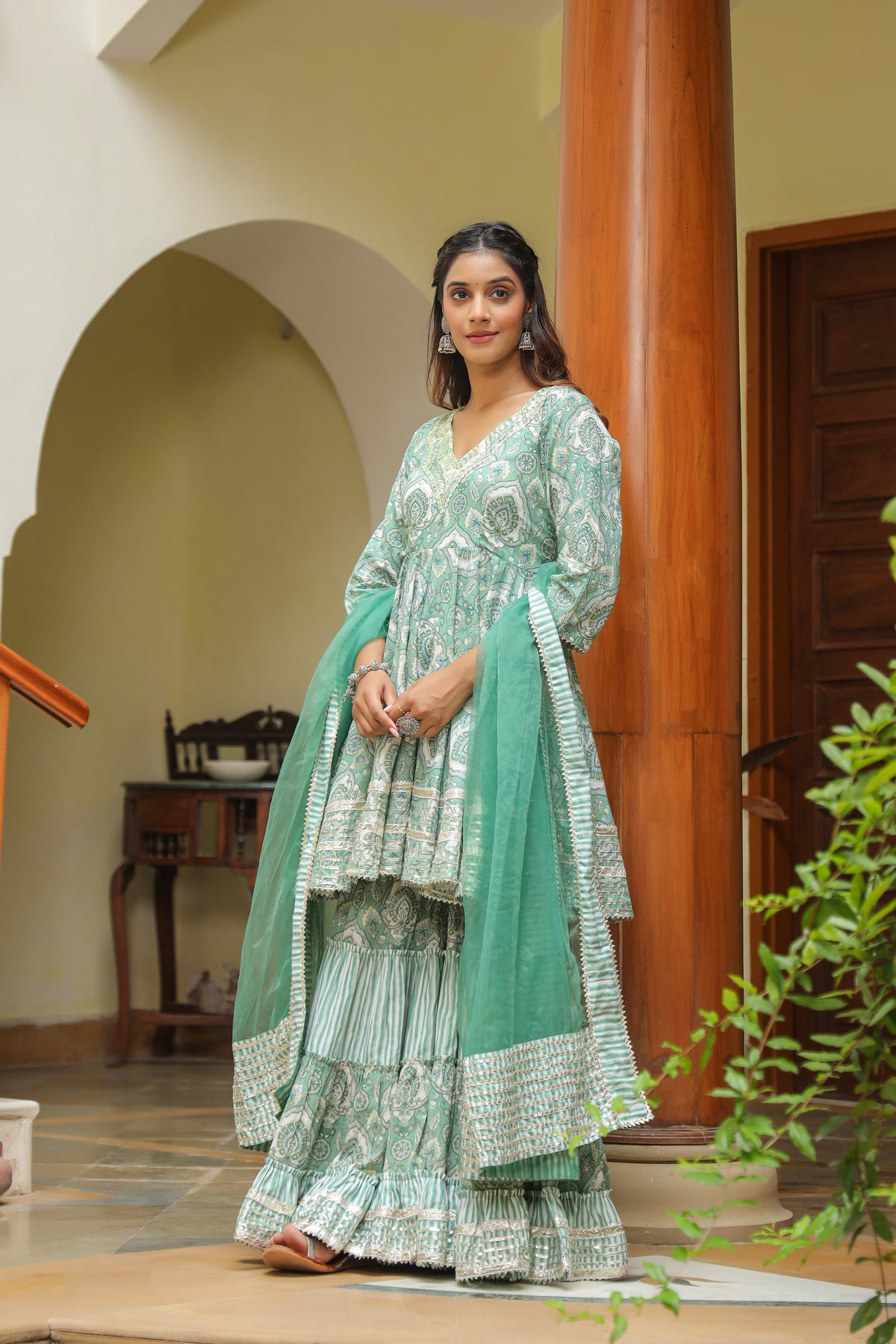 Viridian Green Cotton Mughal Print Anarkali Sharara Set