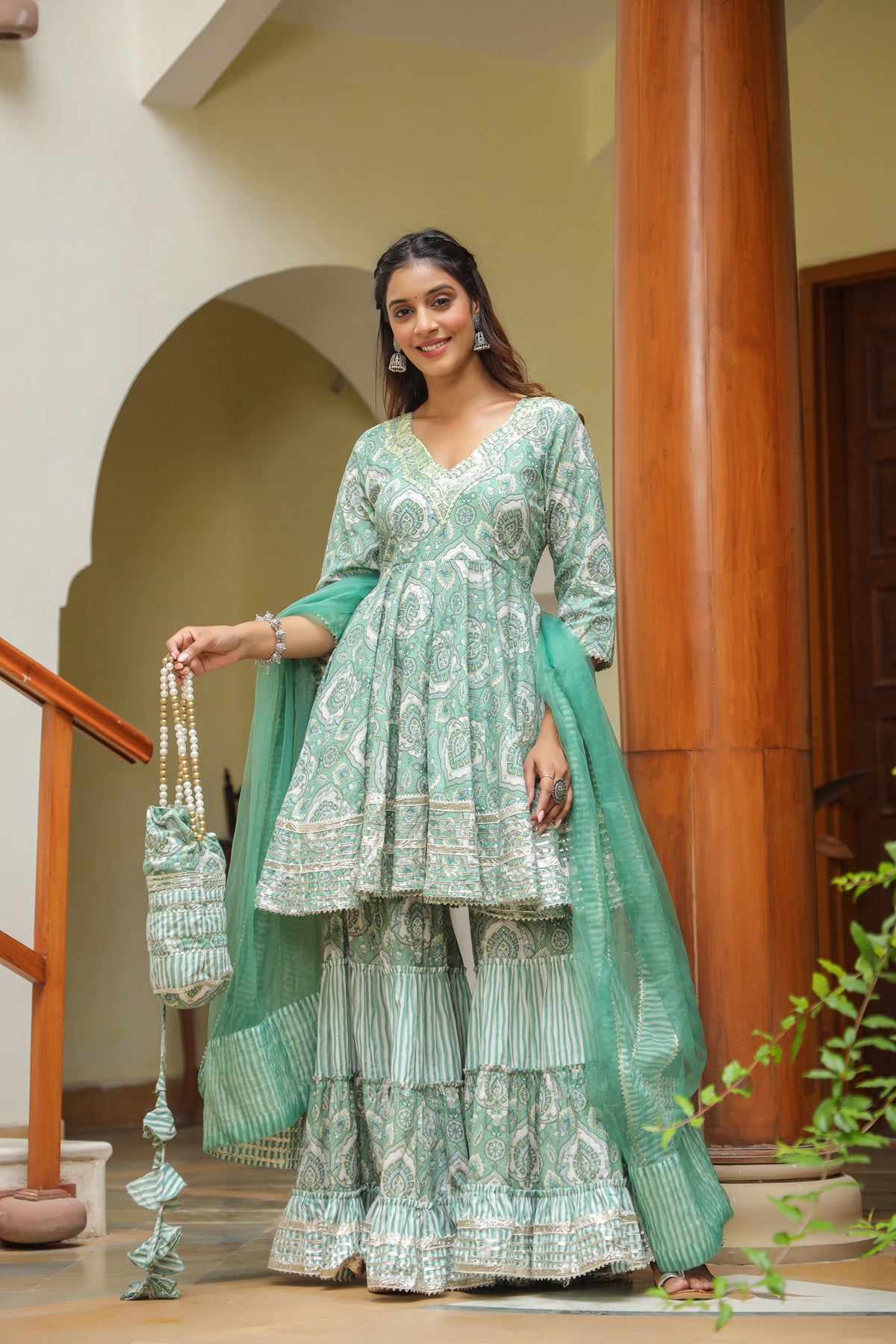Viridian Green Cotton Mughal Print Anarkali Sharara Set