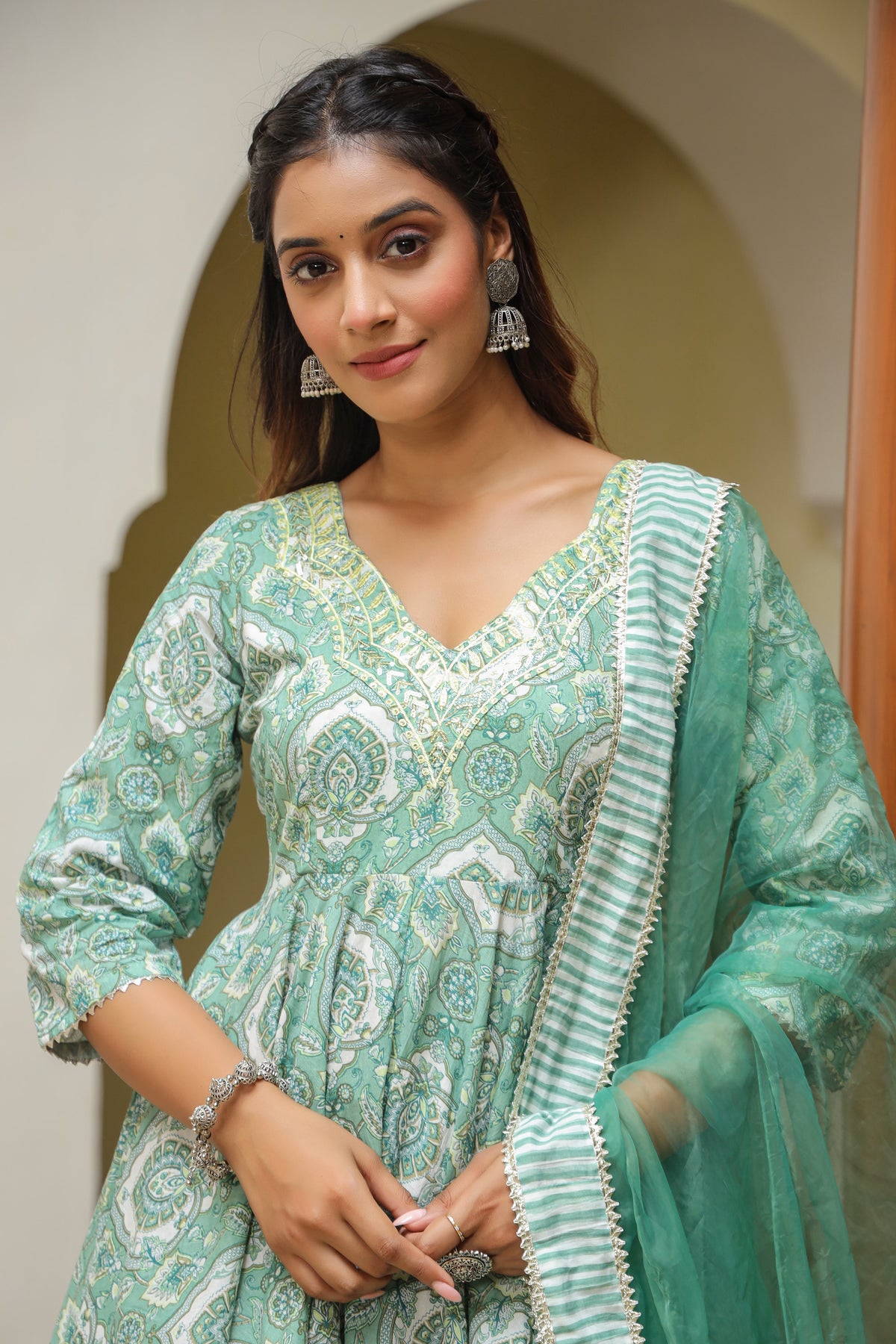 Viridian Green Cotton Mughal Print Anarkali Sharara Set
