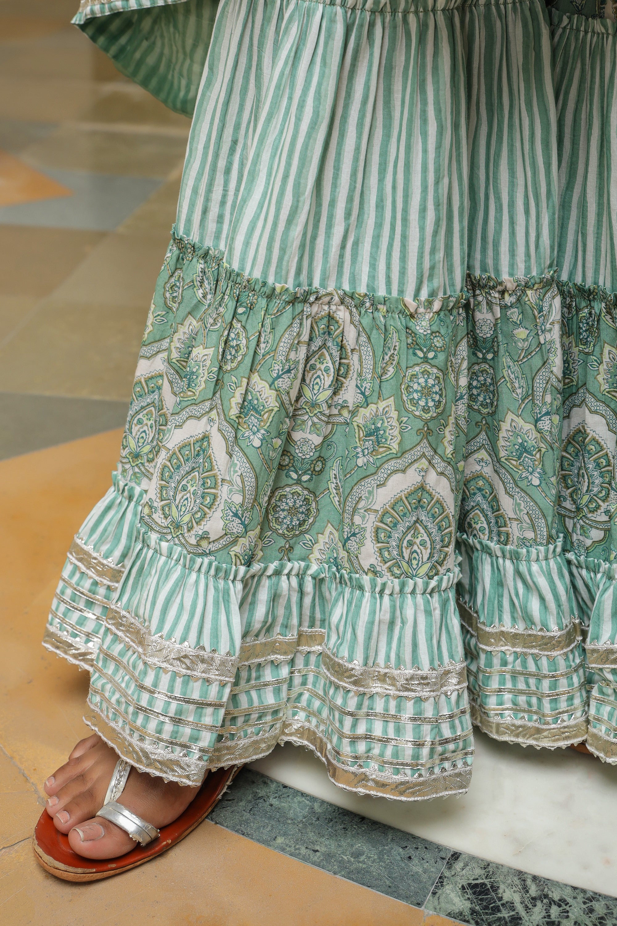 Viridian Green Cotton Mughal Print Anarkali Sharara Set