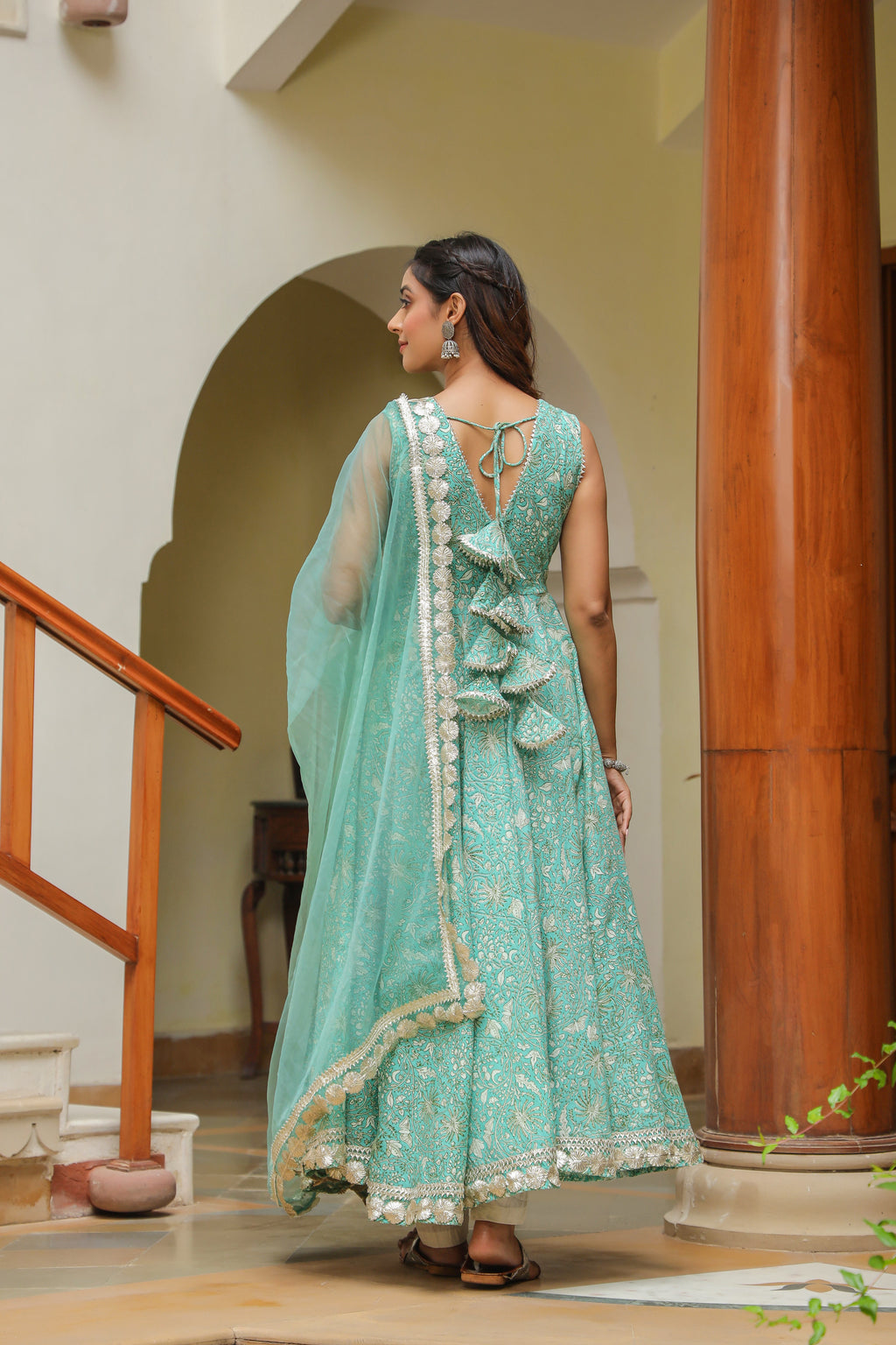 Monte Carlo Green Gota Lace Cotton Anarkali Sleeveless Suit Set