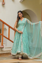 Monte Carlo Green Gota Lace Cotton Anarkali Sleeveless Suit Set
