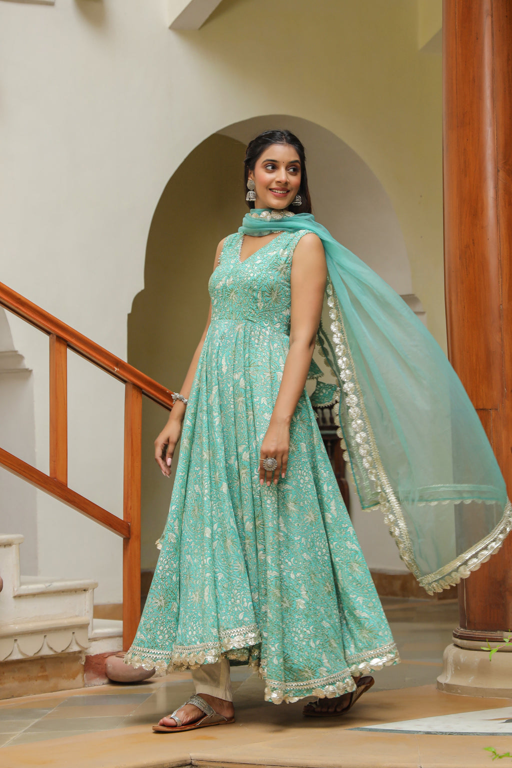 Monte Carlo Green Gota Lace Cotton Anarkali Sleeveless Suit Set