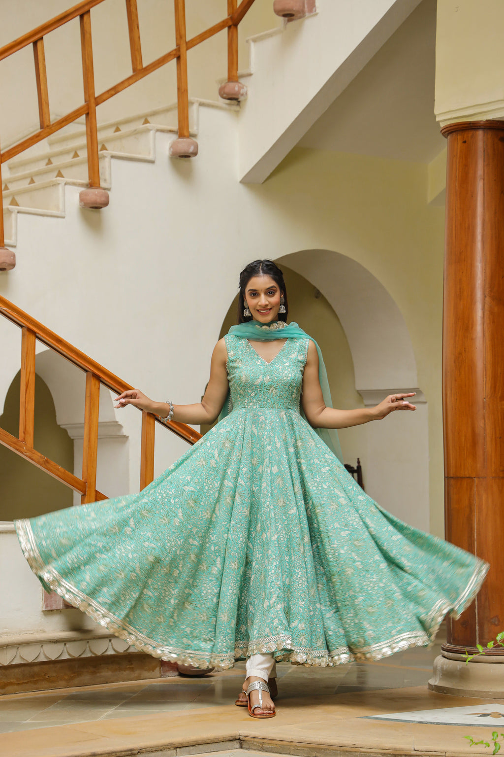 Monte Carlo Green Gota Lace Cotton Anarkali Sleeveless Suit Set