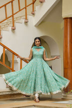 Monte Carlo Green Gota Lace Cotton Anarkali Sleeveless Suit Set