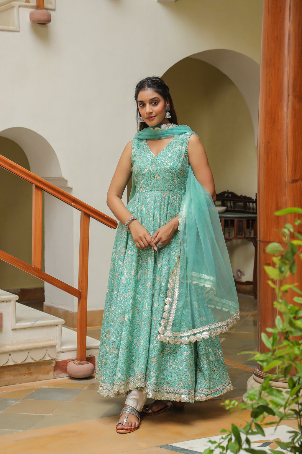 Monte Carlo Green Gota Lace Cotton Anarkali Sleeveless Suit Set