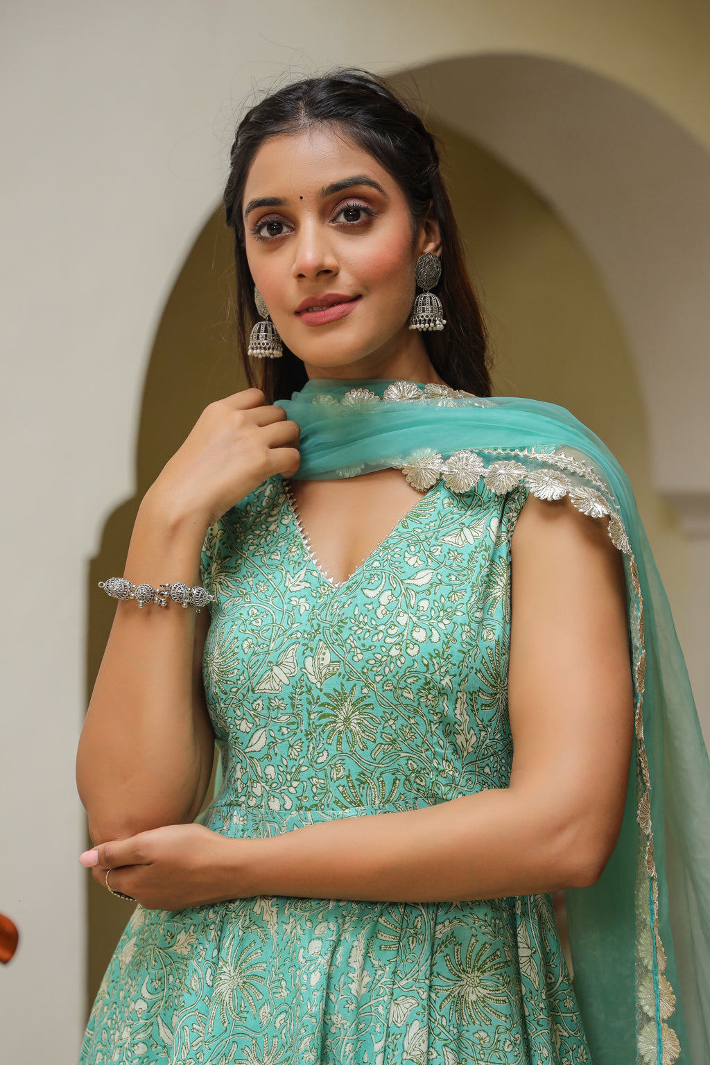 Monte Carlo Green Gota Lace Cotton Anarkali Sleeveless Suit Set